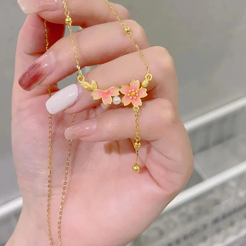 9999 24K Real Gold Cherry Blossom Rain Pearl Bracelet Chain for Women's New Chinese Style Pink Enamel Flower Tassel Pearl Chain