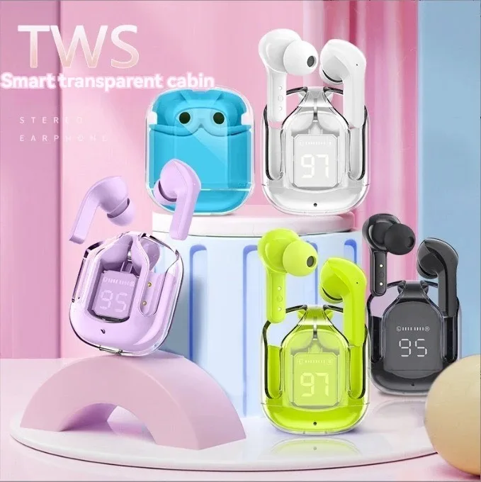 Bluetooth Wireless Earphones Digital Display Transparent Stereo Earbuds Small Noise Canceling Headset for Music Sports Working