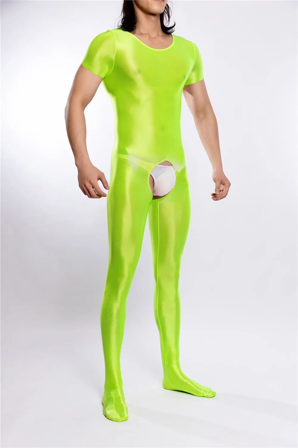 XL للجنسين لامعة الجسم الجورب قصيرة الأكمام Catsuit مرونة مفتوحة المنشعب ارتداءها الجوارب مثير يوتار الملتصقة بذلة Untiard