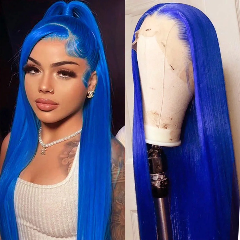 13x4 Lace Front Wig Deep Navy Blue, 24-Inch Straight Synthetic Hair, Pre-Plucked Natural Hairline, Glueless for Daily/Cosplay