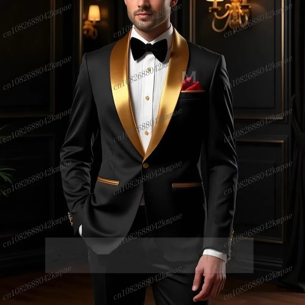 

New Gold Collar And Black Men Formal Tuxedos Groom Groomsman Wedding Party Prom Male Business Suit 2 Piece Set Blazer Pants