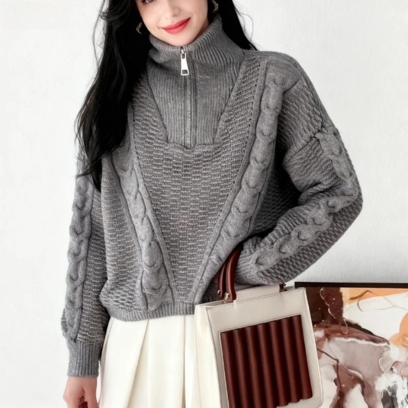 

НОВЫЙ шикарный женский однотонный уютный свитер с длинным рукавом и высоким воротом, зимний элегантный повседневный пуловер, вязаный топ, трикотаж на молнии