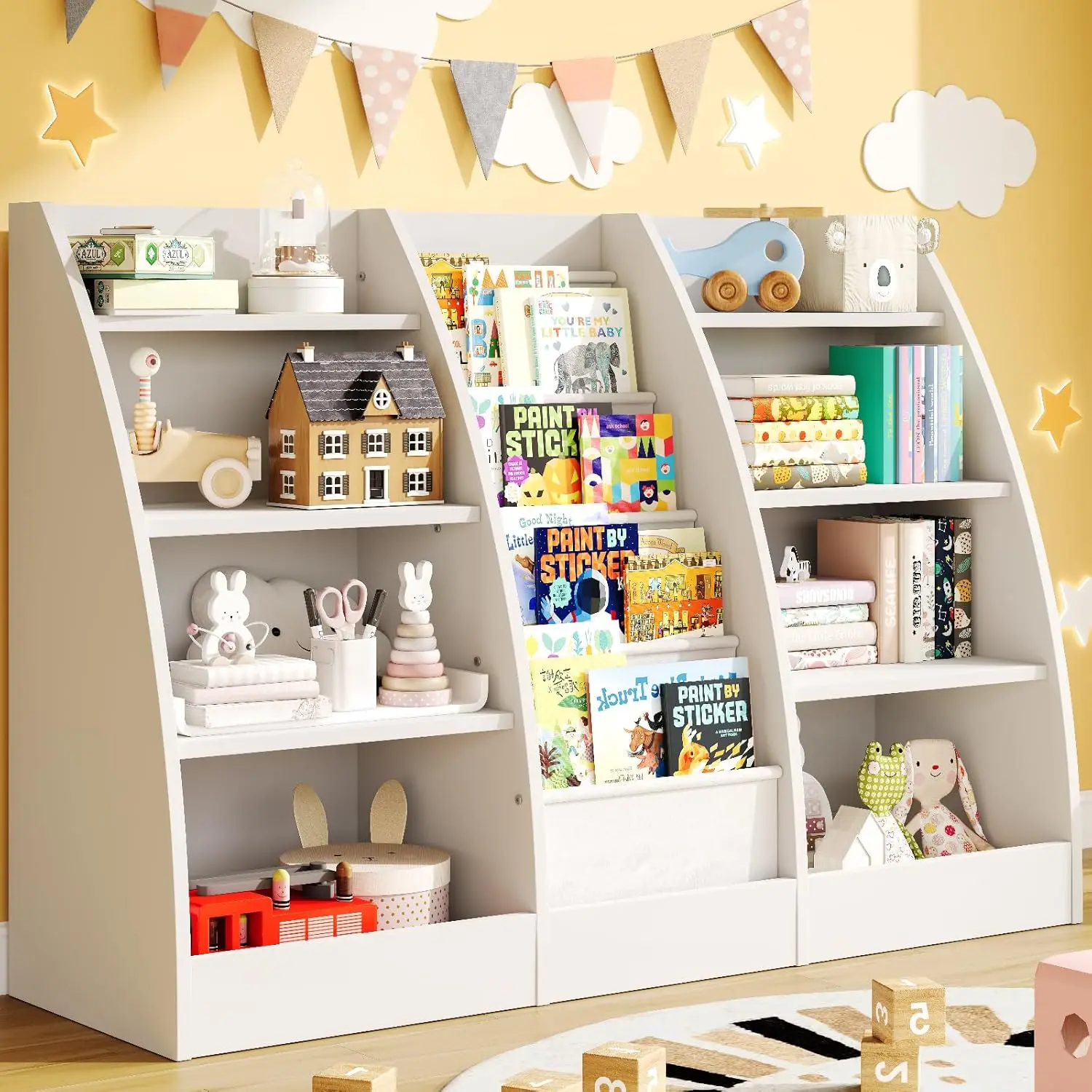 

4-ярусная деревянная полка для детских книг и игрушек с подвесными карманами для спальни и детской комнаты, на заказ
