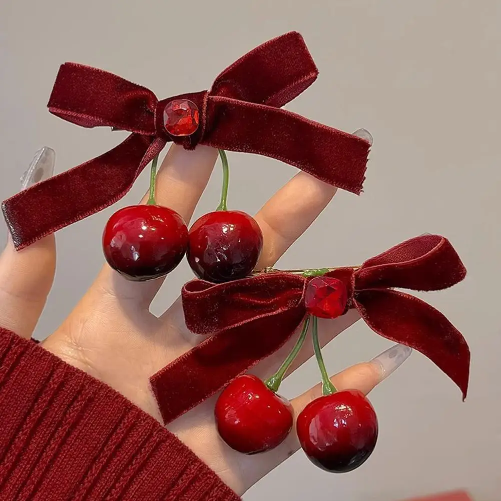Samt Schleife Rote Kirsche Haarnadeln Haarspangen Mädchen Fliegen Haarschleifen Ornament Vielseitig Süße Pastorale Haarspange Haarschmuck