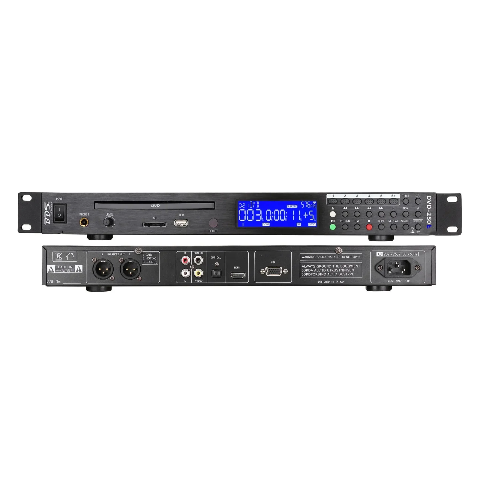 

BDS VD-250BT 1U Rack USB SD Player DVD Player with Large LCD Display High Definition VGA Outputs