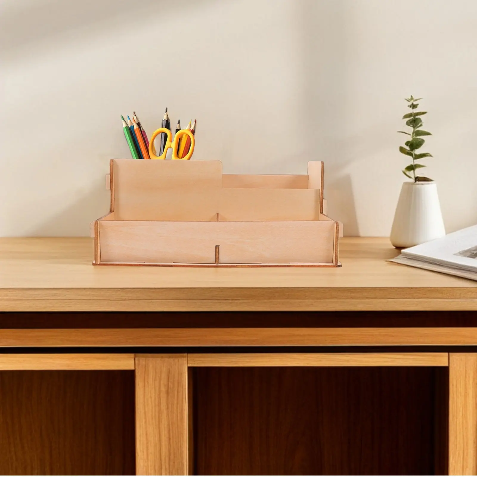 Wood Pen Holder Storage Box Multi Grid Desk Organizer for Pens Pencils Rulers Scissors Gel Pens Crayons Makeup Brushes Rustic