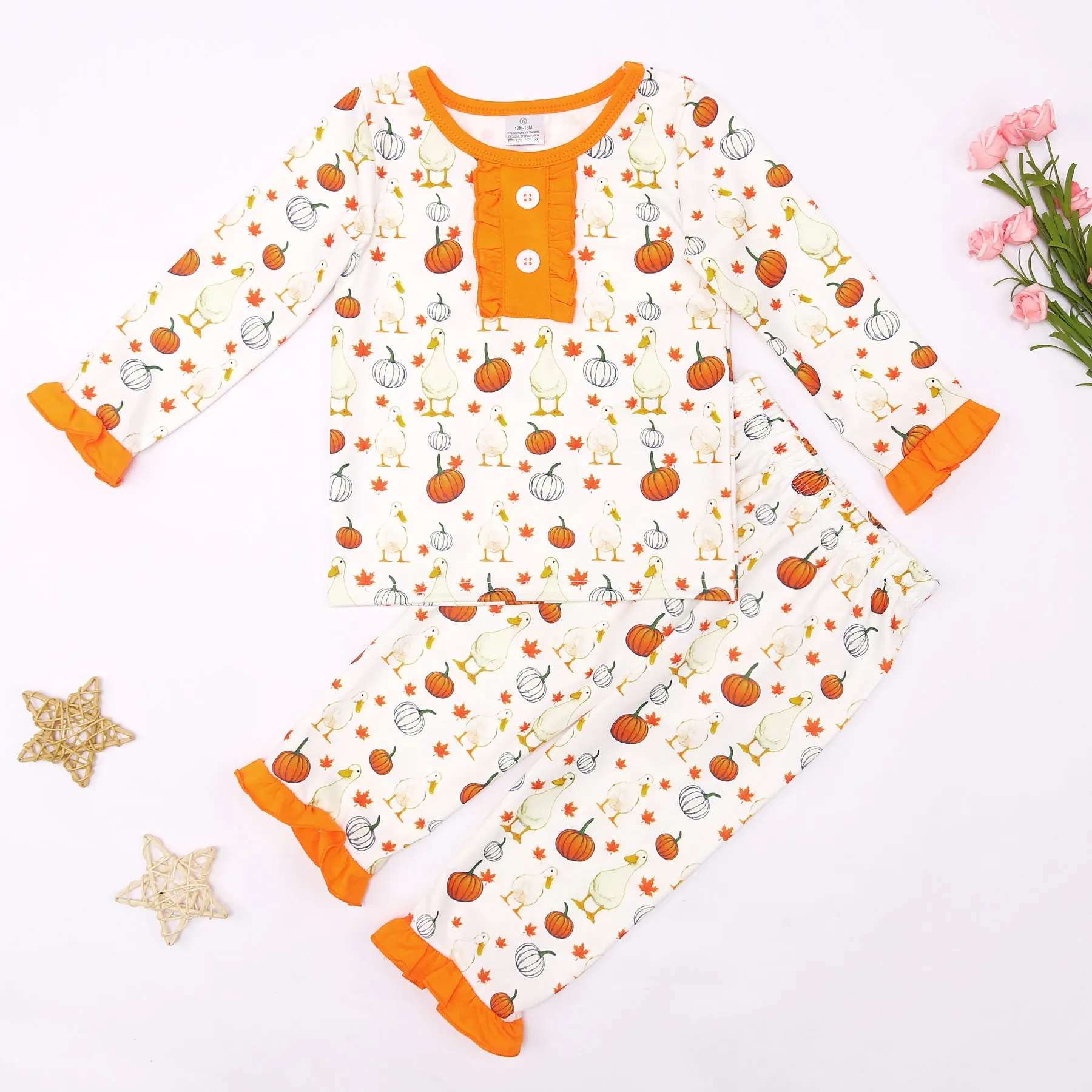 2023 New Baby Cotton Long Sleeve T-shirt Set Round Neck Pumpkin And Duck Prints Boy Orange Top Clothes And Suit Romper pajamas