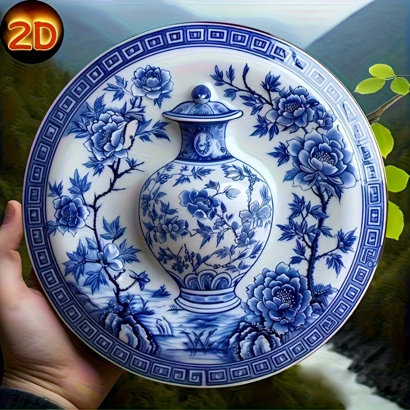 2D Flat - 1pc a 2D Flat Printed Round Iron Metal Sign Measuring 7.87 X 7.87 inch, Featuring a Blue And White Porcelain Vase Them