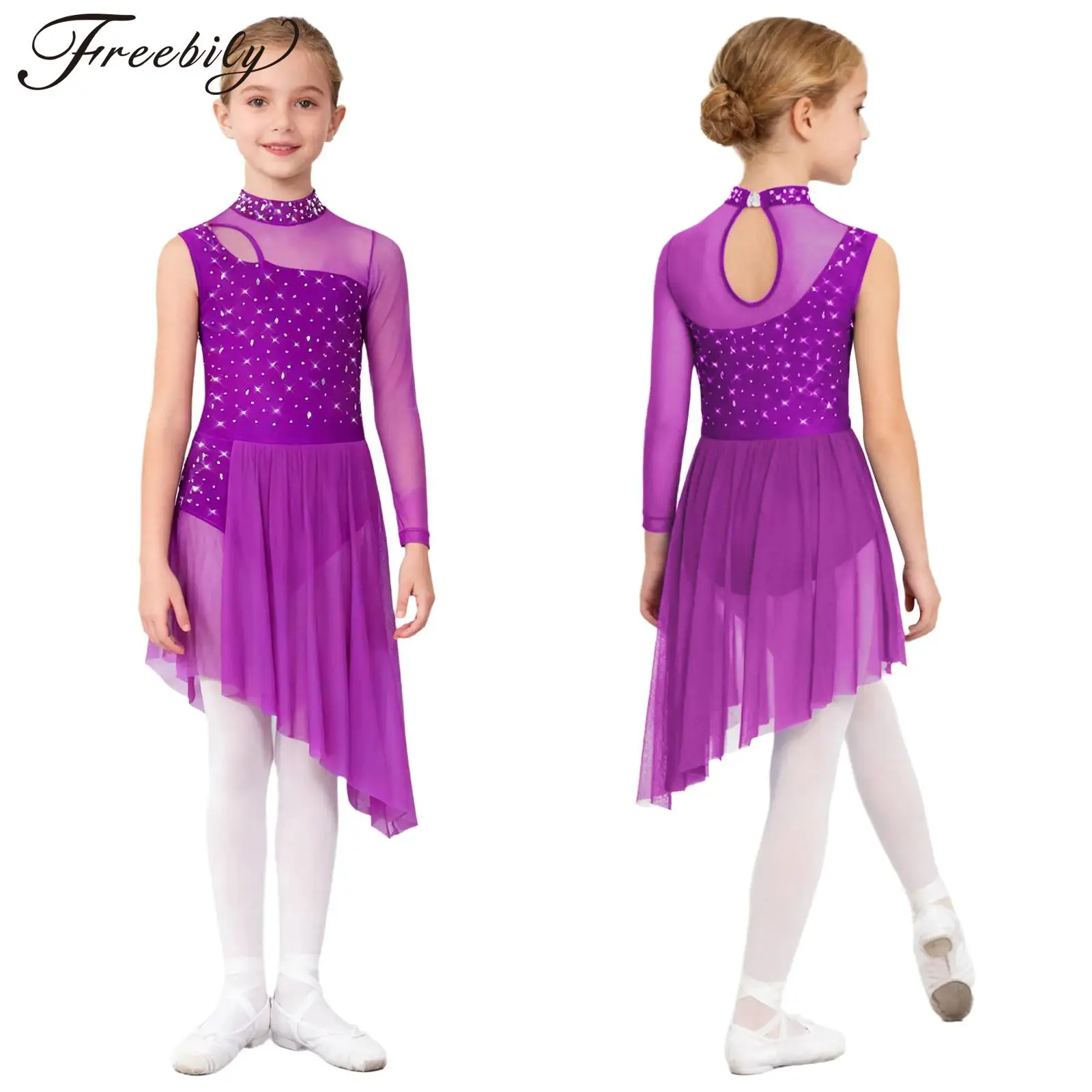 

Детское современное лирическое танцевальное трико для девочек, блестящие стразы, прозрачная сетчатая танцевальная одежда для фигурного катания, гимнастики, акробатики