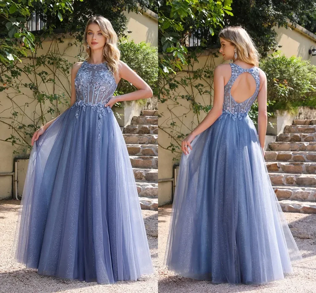 

Customized Ocean Blue Backless Prom Dresses A Line Sheer Jewel Neck Tulle Long With Lace Appliques Evening Gowns