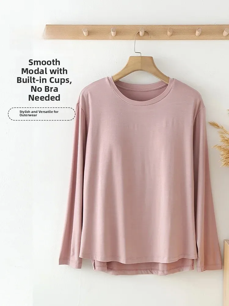 Women's Modal Sleepwear with Chest Pad Thin Long Sleeve Home Clothes T-shirt Spring Autumn Season Simple Style round Neck
