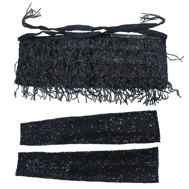 Sequins Embellished Short Skirt Fringed Hip Scarf with Gloves for Special Event N7YF