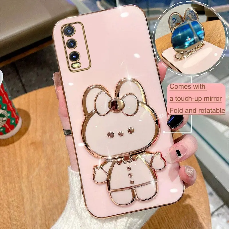 Rabbit Mirror Stand Phone Case VIVO Y20 12 15 A Y19 21 Y30 Y50 Y33 Y35 Y76 Y91 Y95 S T I Hole V23 V25 V21 V20 S1 Pro 4G 5G Cover