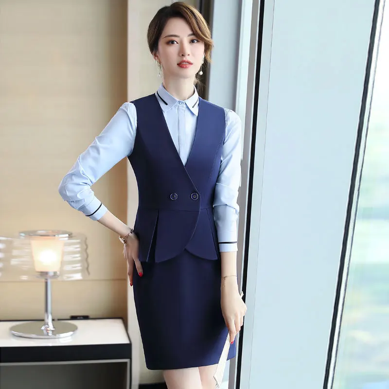 

IZICFLY New Style Blue Business Skirt Suit Uniforms Slim Office Formal Work Wear 2 Piece Sets Women Outfit Vest Waistcoat