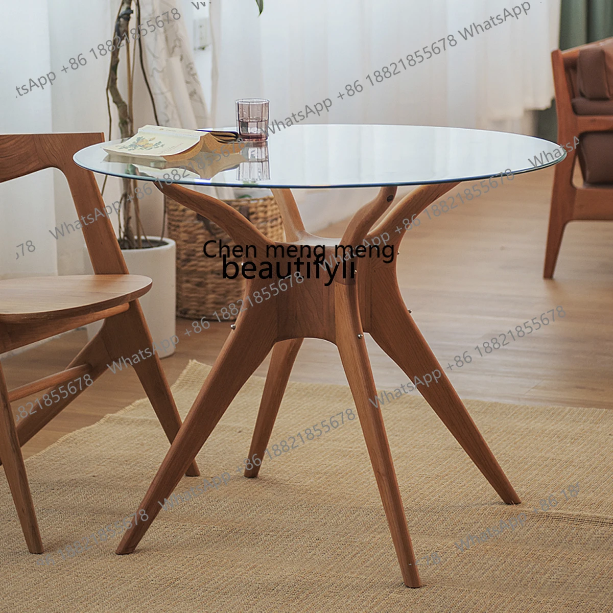 

Nordic retro solid wood black walnut glass round dining table and chair combination