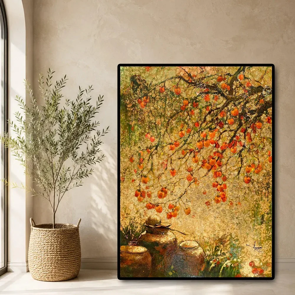 1pc frameless Canvas Painting Vintage Persimmon Tree Canvas Painting Wall Art Gold Leaf White Lotus Poster Traditional Chinese P