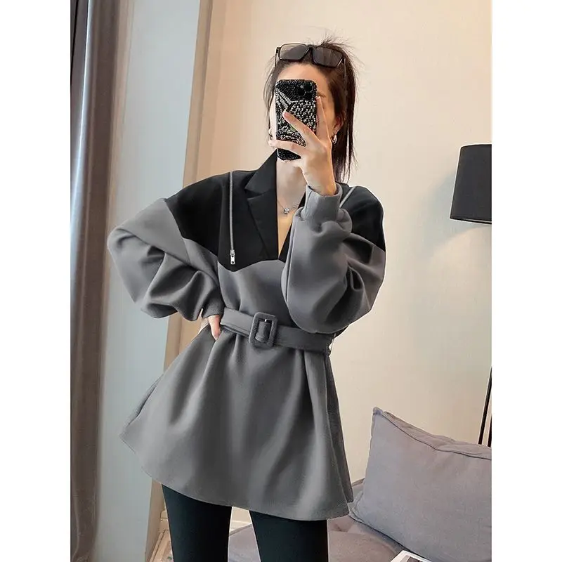 Large waist polo collar hoodie for women\'s spring new loose design with patchwork top hoodies oversized hoodie