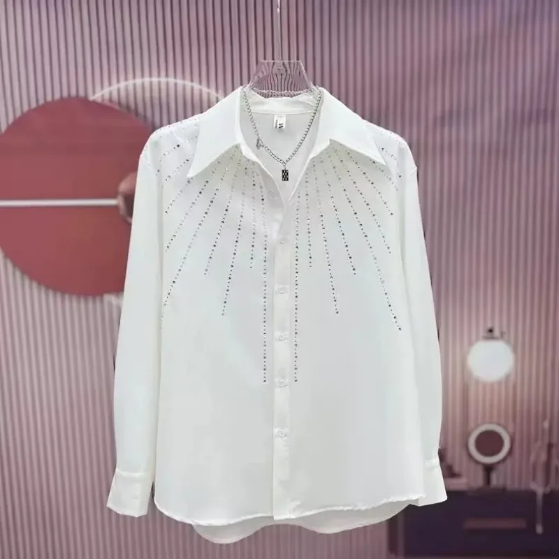 Women's White Long Sleeve Turn-Down Collar Shirt Radial Rhinestone Embellished Loose Fit Casual Blouse