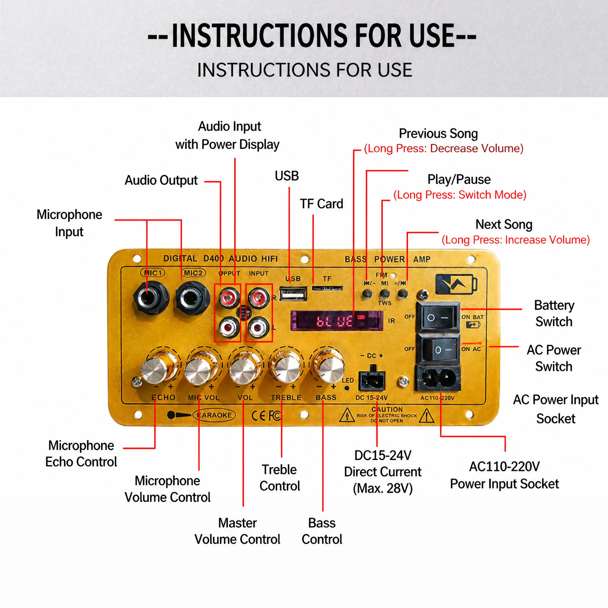 Woopker D400 Mono Bluetooth Amplifier Board 100W Power Home Amplification Dual Mic Battery Rechargeable Digital Amplifier Board view 6