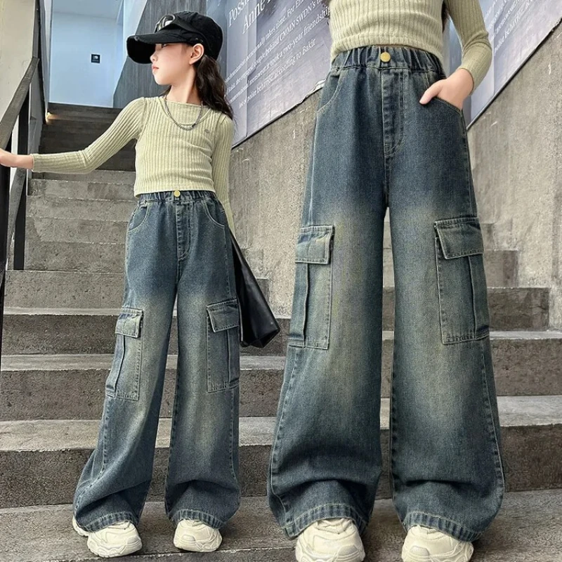 Girls Loose Wide-leg Jeans Trousers Children Vintage Solid Big Pocket Straight Denim Pants Spring Autumn Clothing 5-12 Years