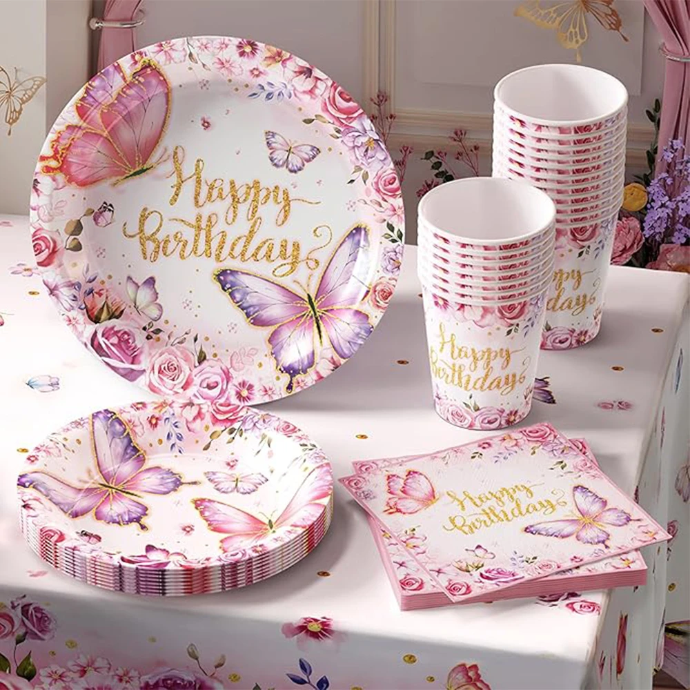 1Set Butterfly Disposable Tableware With Banner Groovy Daisy Paper Plates Cups Napkins Boho Butterfly Fairy Birthday Party Decor