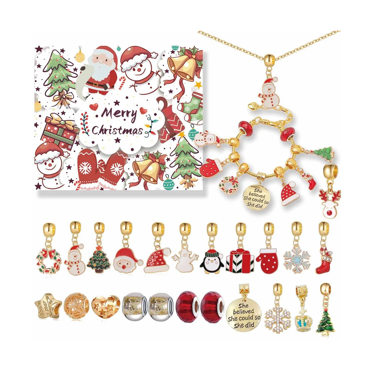 Christmas Advent Calendar, Girls Christmas 24 Days Countdown Calendar DIY Charm Bracelet Blind Box, 22 Charm Beads,A