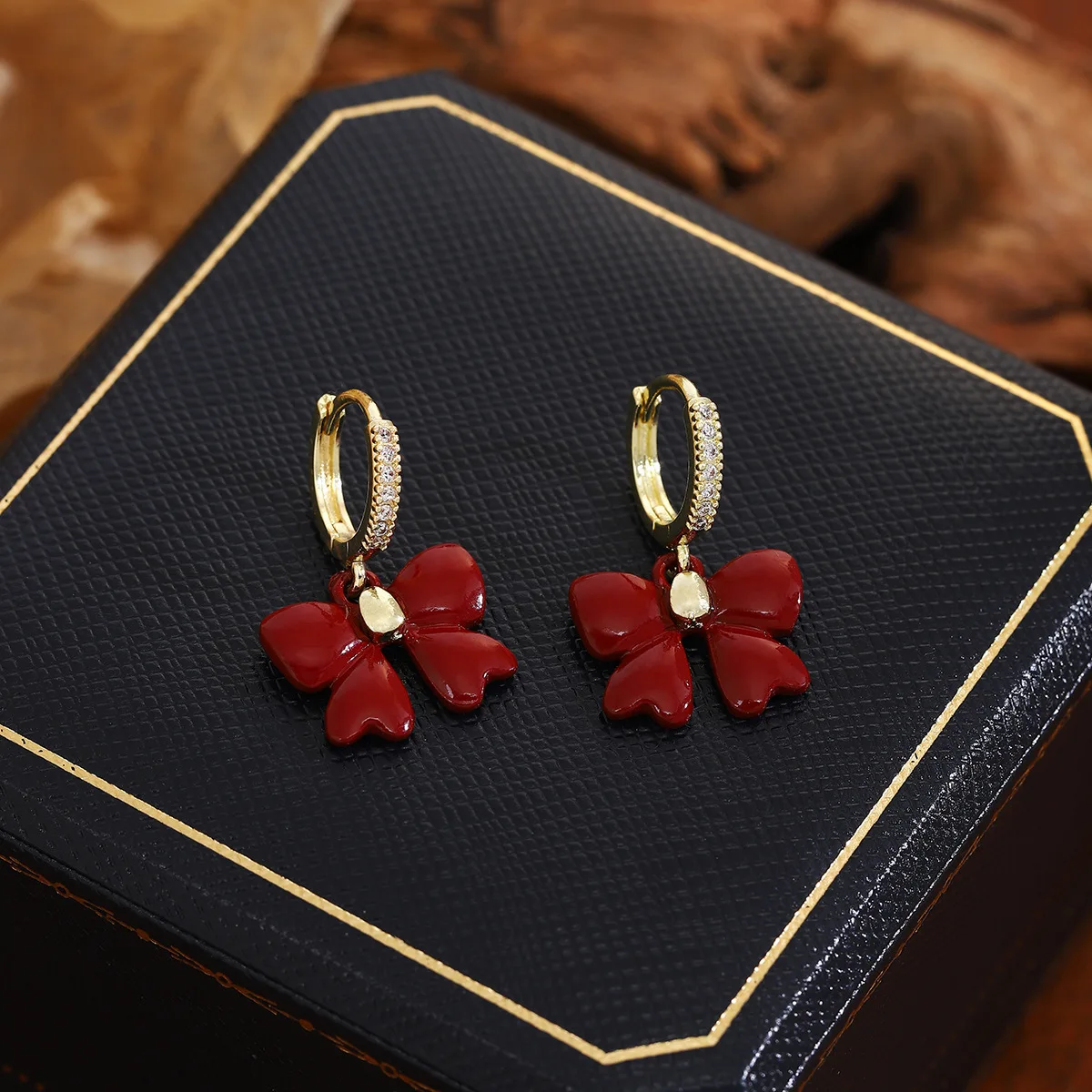 Classic Burgundy Red Bowknot Earrings for Women Winter Popular Retro Style Diamond Decored Ear Jewelry New Year Accessories