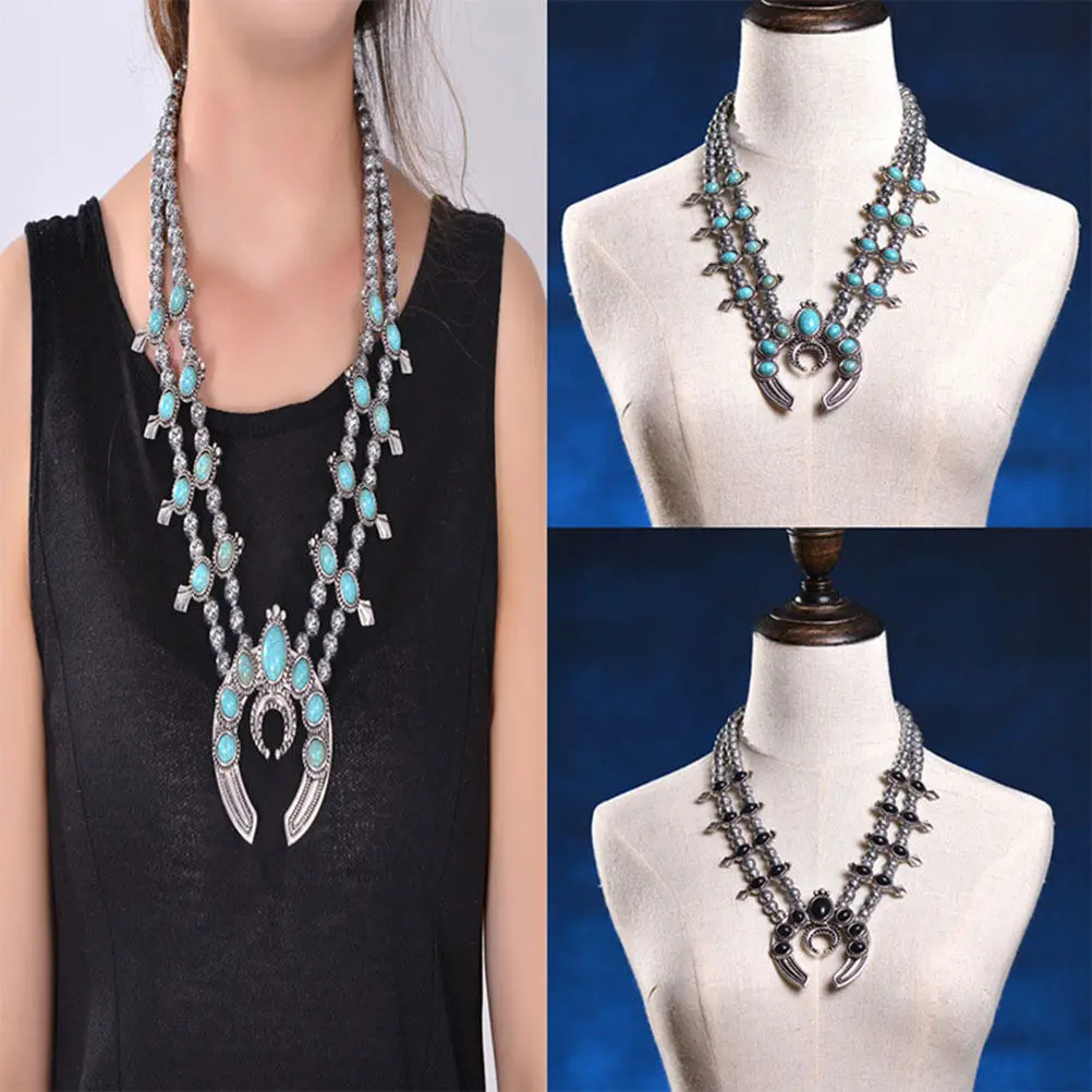 Bohemian Style Alloy Necklace for Women Featuring Turquoise Inlay and Ox Horn Design Vintage Elegant Jewelry Gift for Her