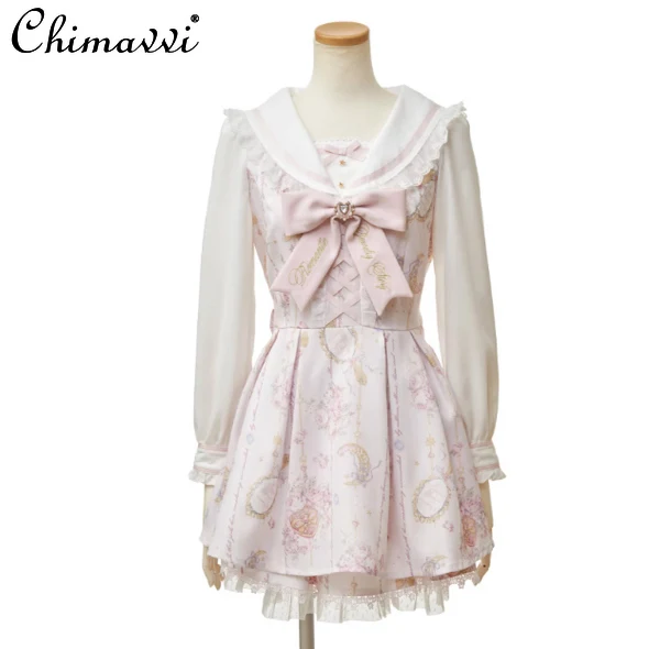 Japonês mina liz vestido define novo 2025 outono feminino gola de marinheiro bonito arco manga longa vestido impresso e shorts 2 peça terno
