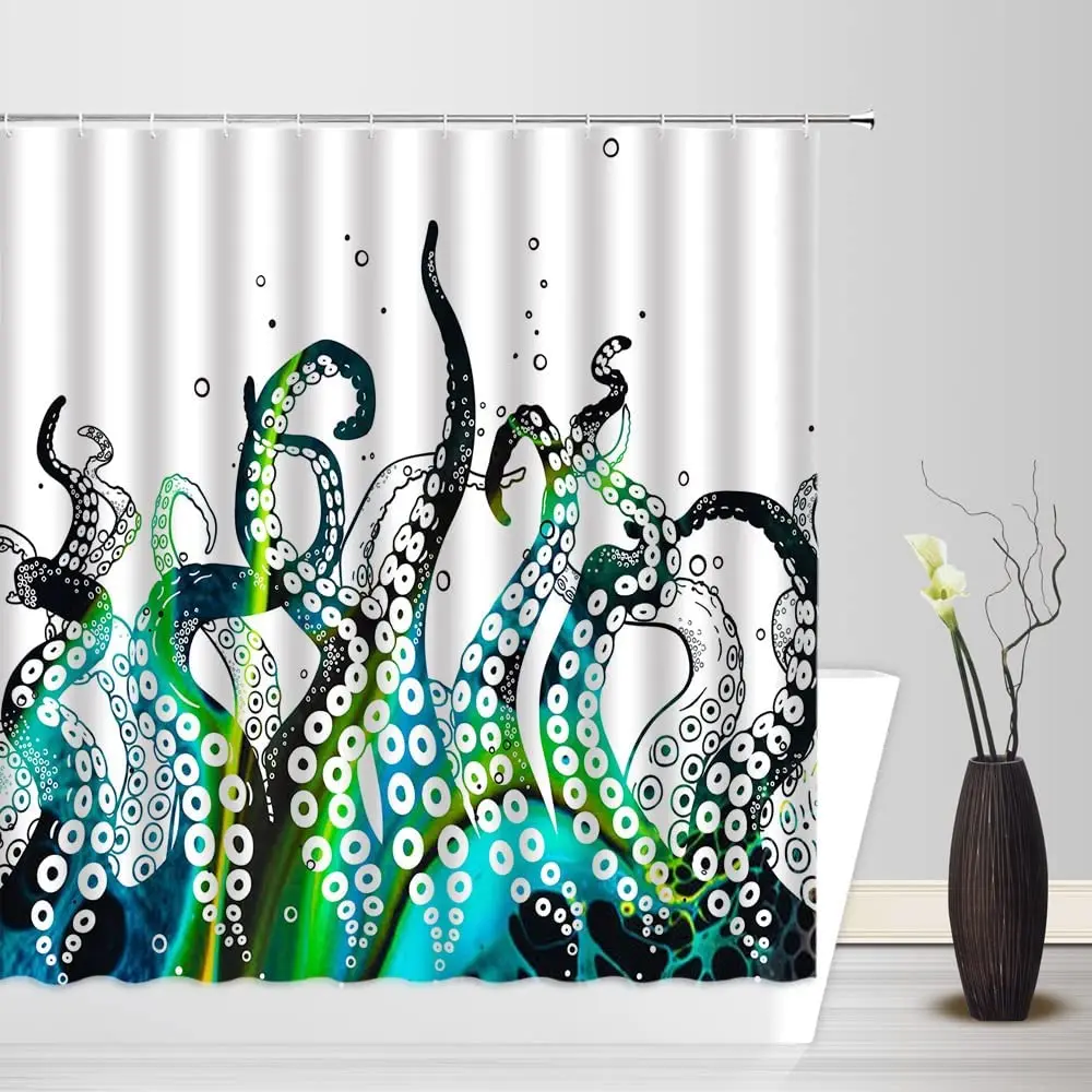 

Sketch Octopus Tentacles Shower Curtain Nautical Kraken Tentacles Sea Animal Marine Life Waterproof with Hooks Bath Curtains