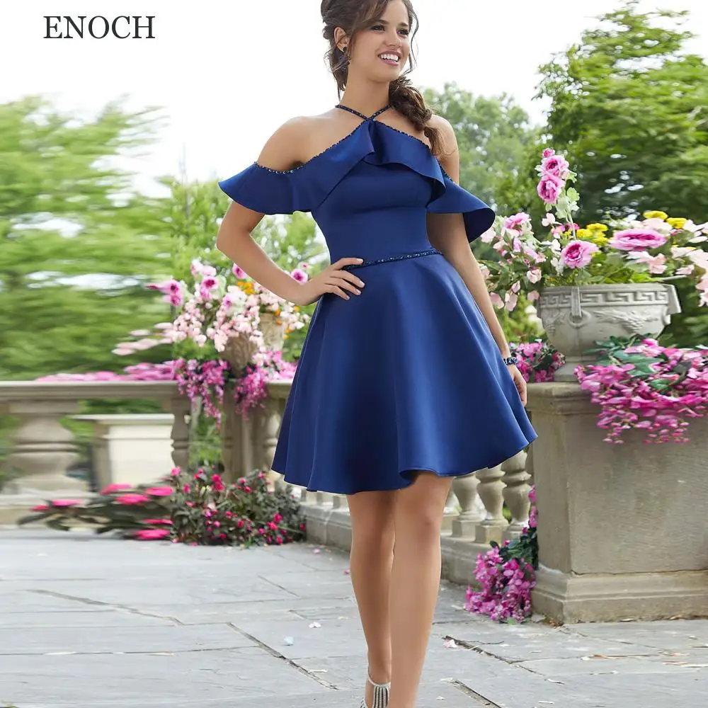 

ENOCH Mini Halter Satin Homecoming Dresses Beaded Ruffles Criss-Cross party Dresses Open Back Vestidos De Fiesta High Quality