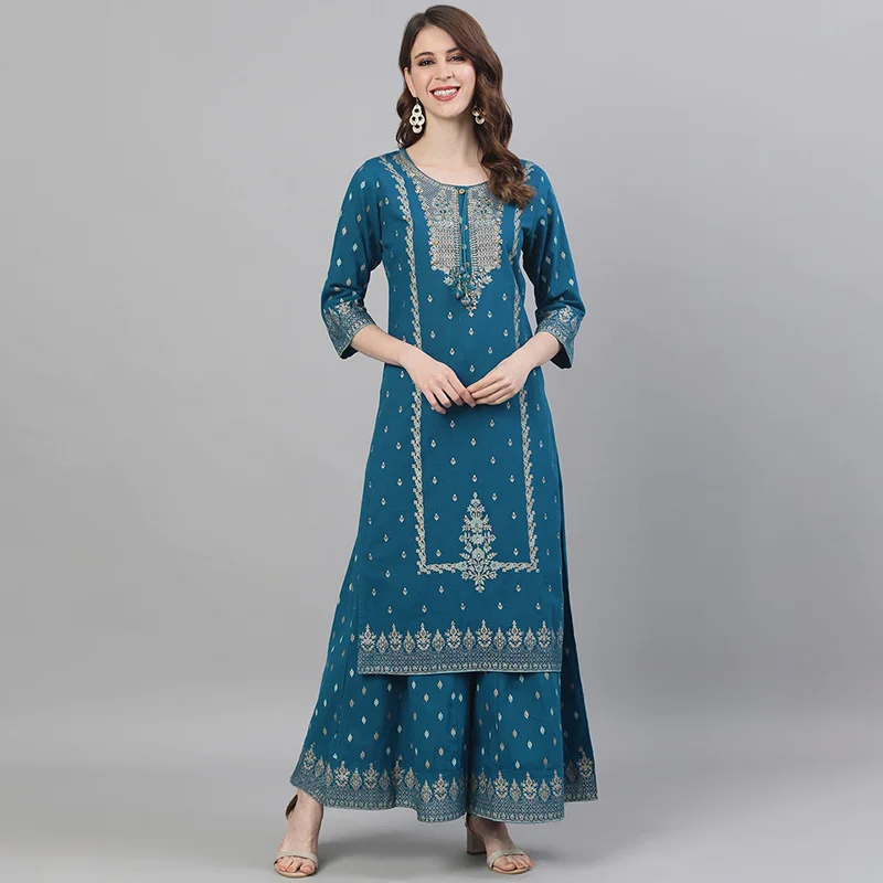 

Indian Apparel Women's Ethnic Set 2-Piece Cotton Printed Navy Blue Indian Traditional Dress Cotton Printed 3-piece Suit