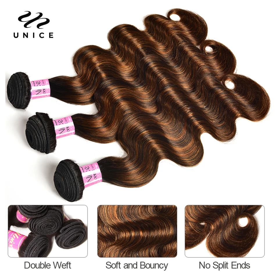 UNICE Balayage Body Wave Pacotes de cabelo humano, Destaque Pacotes, 250% Densidade Peruca, 4x4 Lace Encerramento, 3pcs