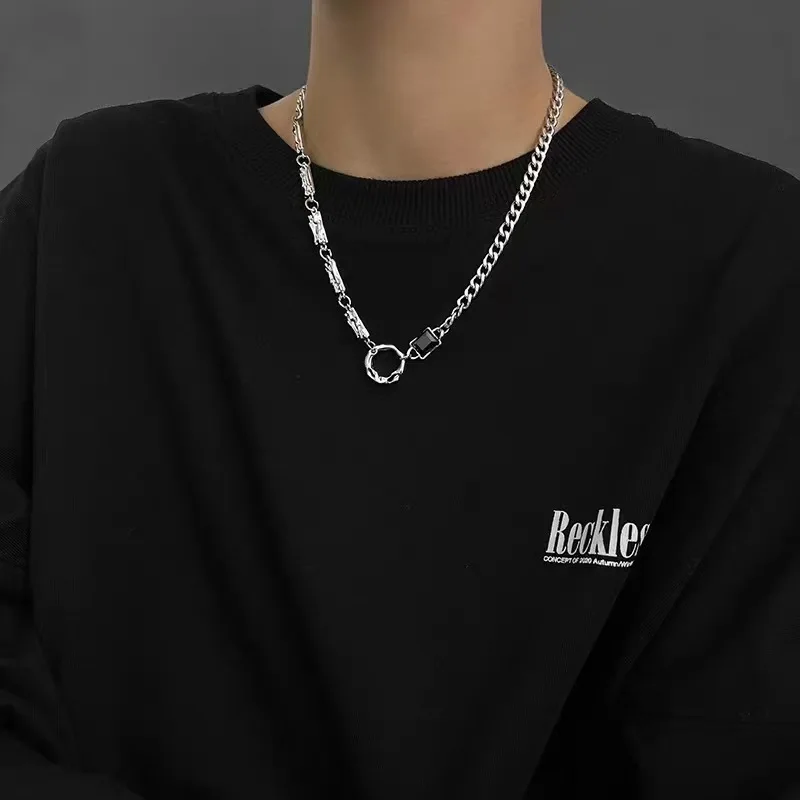 Titanium Steel Asymmetrical Chain Necklace with Black Square Stone Ring for Men Women Y2K Punk Street Jewelry