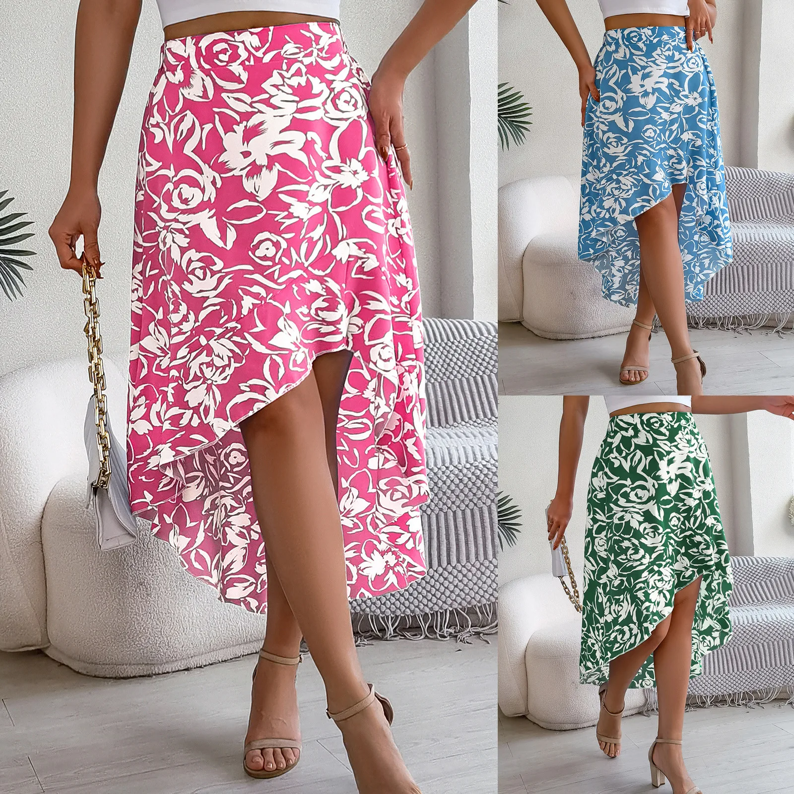 Chic 2026 Summer High Waist Skirts Women Floral Printed Bottom Flower Lotus Leaf Edge Medium and Long Irregular Skirt Y2K