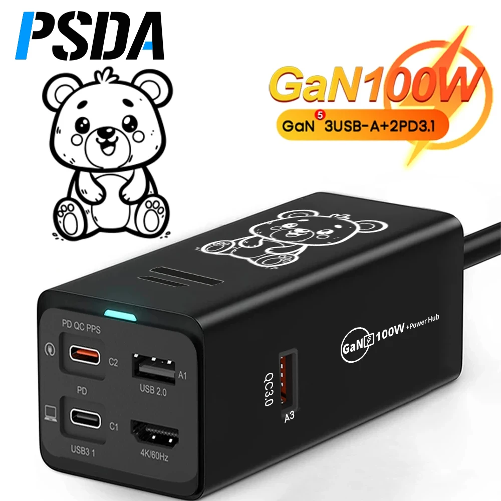 PSDA 2D 100W USB C Charger Block Powerful PD GaN 3 Fast Wall Charger Block With Multi port Charging Station For Tablets Laptops