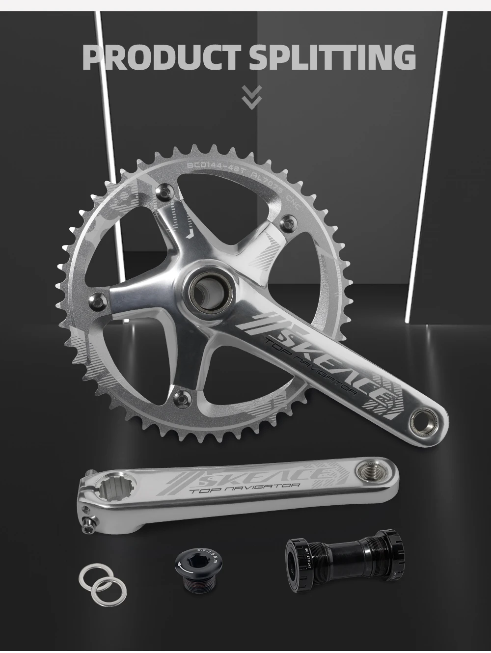 SKEACE 48T BMX-Kurbelgarnitur, Single-Speed-Kettenrad 144BCD 165mm Aluminiumlegierung Kurbelgarnitur für Fixed-Gear-Fahrräder, Kettenrad BMX-Kurbel – Detail 10