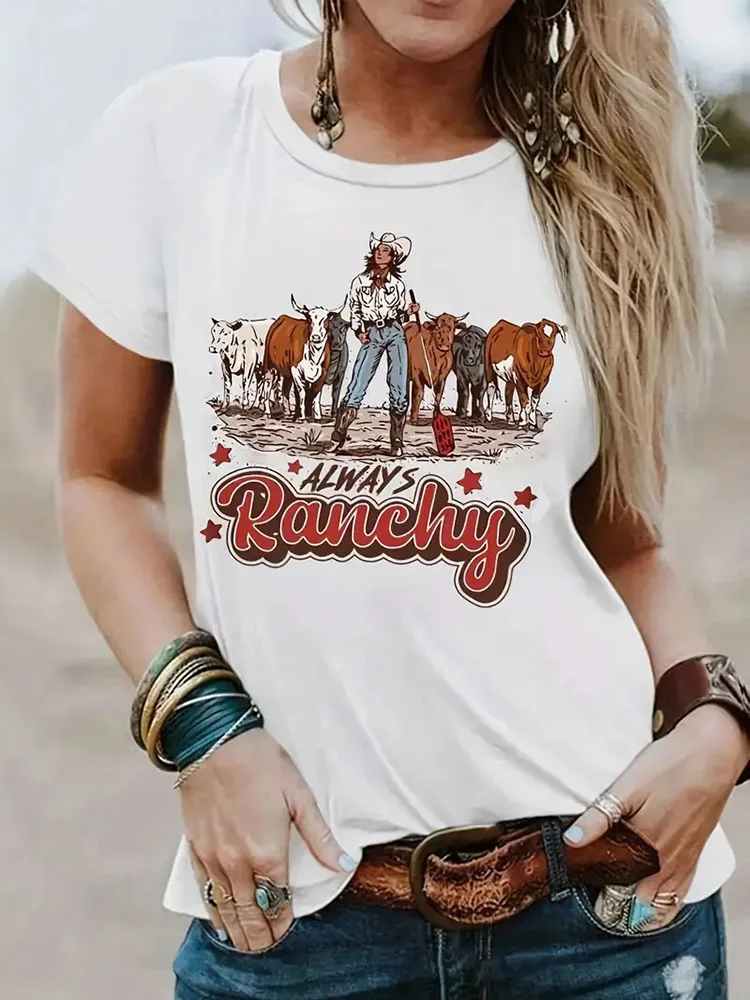 Ranchy Cowboy Letter Print T-shirt Casual Short Sleeve Summer Western Style Country Vintage T-shirt Women's Clothing Aesthetic