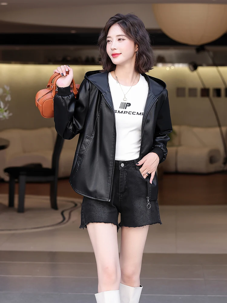 Haining 本革ジャケット女性の ort sle 2025 春秋の新シープスキンカジュアルフード付きジャケットルーズアウター