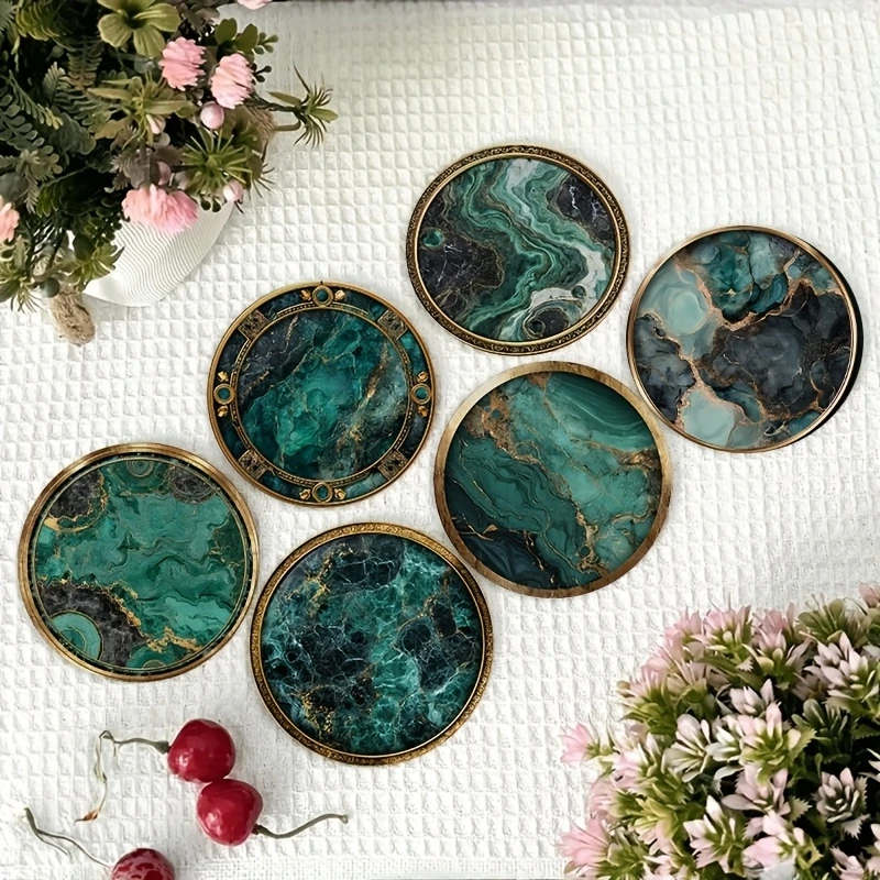 2D Retro Green Marble Pattern Wooden Coasters Round Home Party Table Decorations Coffee Shop Decor Photo Props