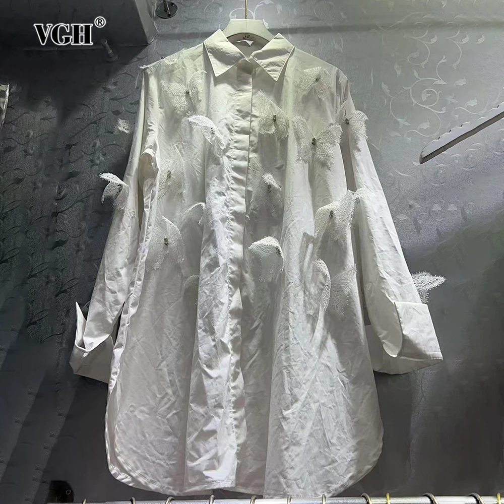 

VGH Sweet Casual Spliced 3D Decoration Shirt For Women Lapel Long Sleeve Patchwork Buttons Fashionabel Shirts Female Spring New