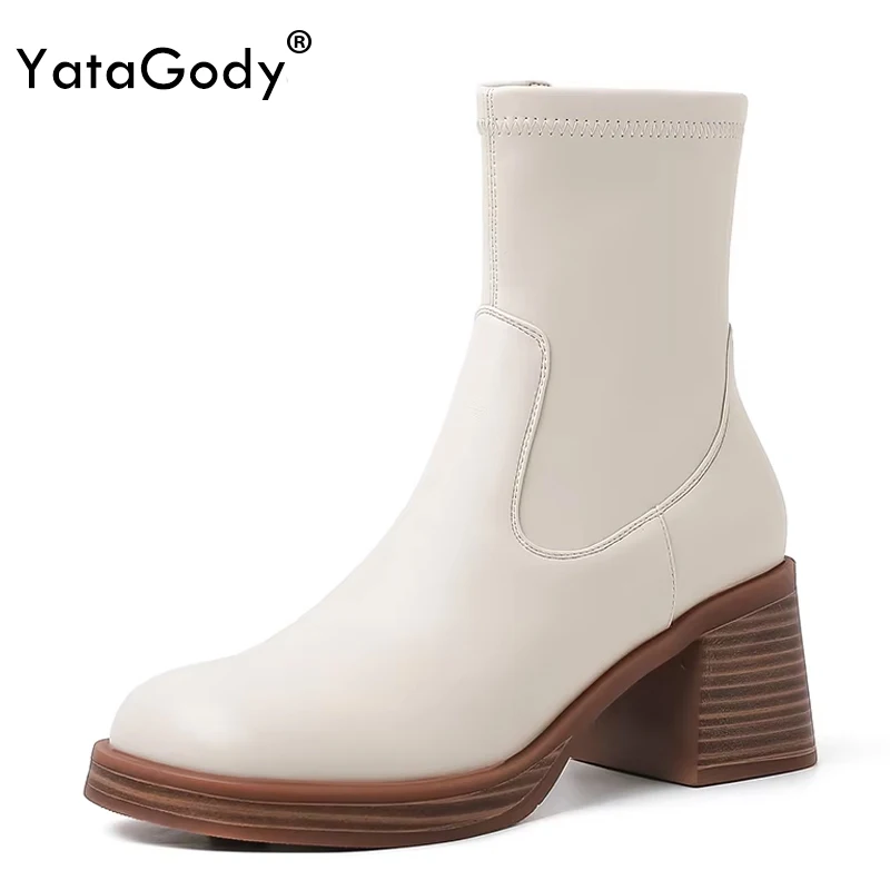 

YATAGODY Size 34-42 Women Stretch Ankle Boots Soft Leather Thick High Heels Fall Winter Shoes 2025 Office Dress Short Booties