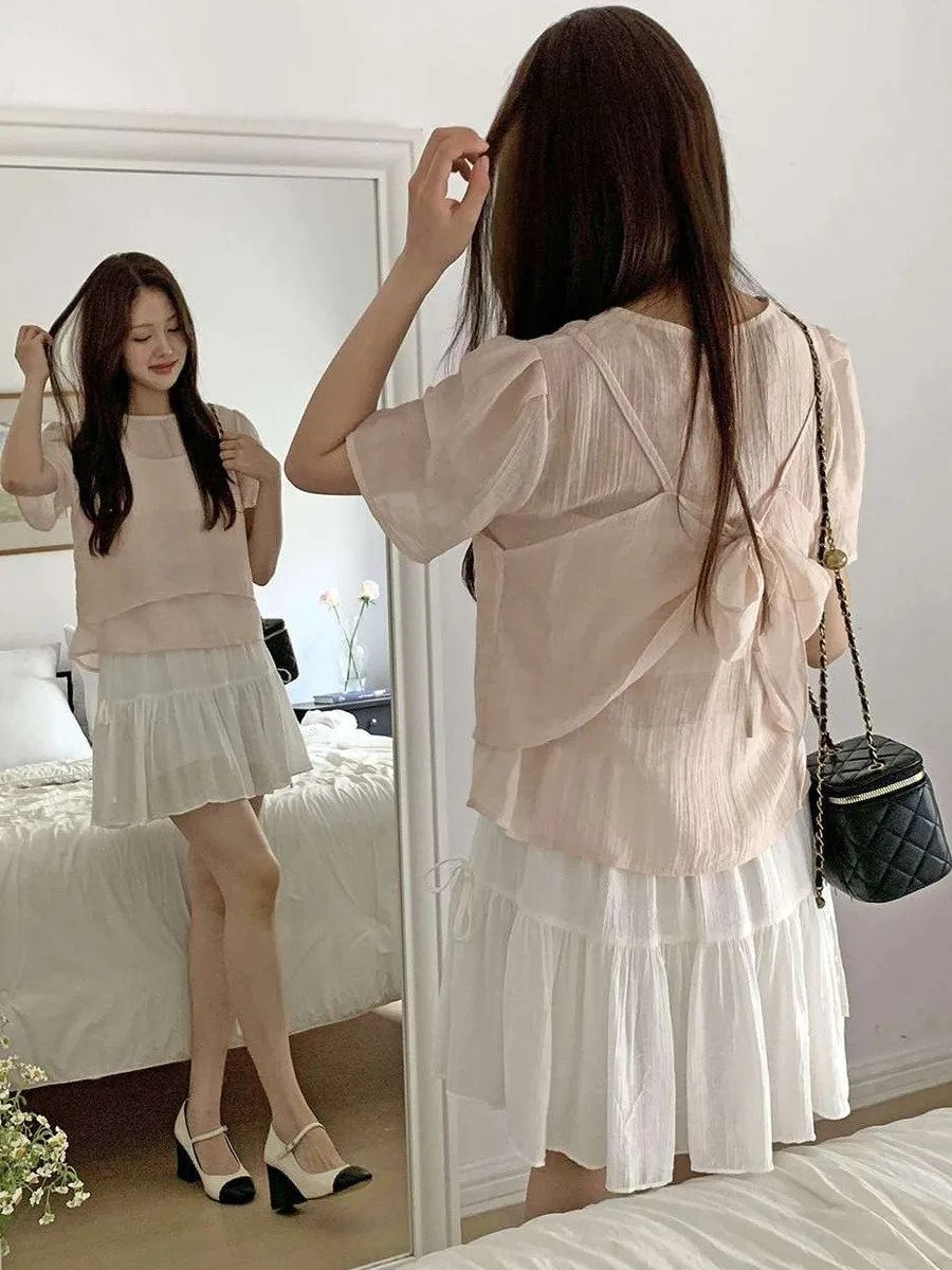 

Корейский комплект Sle Romantic Gentle Sweet Knot Strap Two-Way Wear из двух предметов ort Sve irt Women's Faion