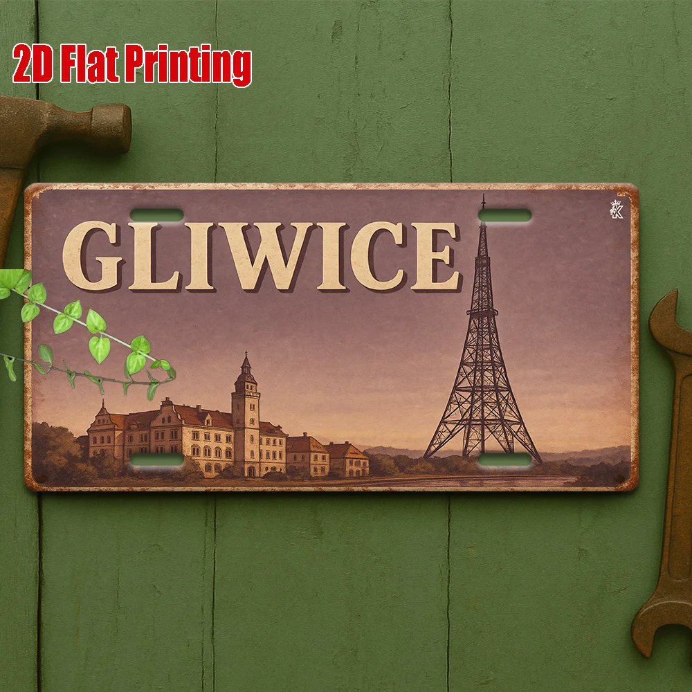 2D Flat, 1pc, Vintage Aluminum Sign, Decorative Only, Outdoor Wall Art, Gliwice Poland Sign, Perfect for Historical Cities