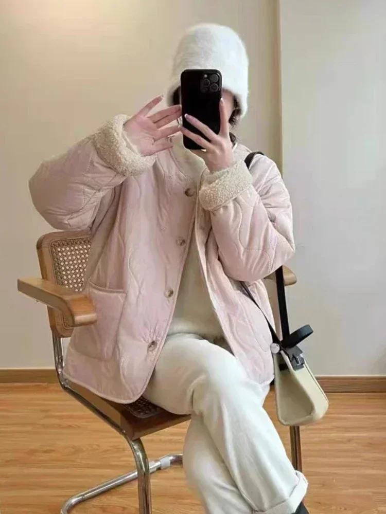 Autumn Winter Korean Fashion Cute Down Coat Women Solid Single Breasted O-neck Cotton Jacket Female Casual Office Lady Clothes