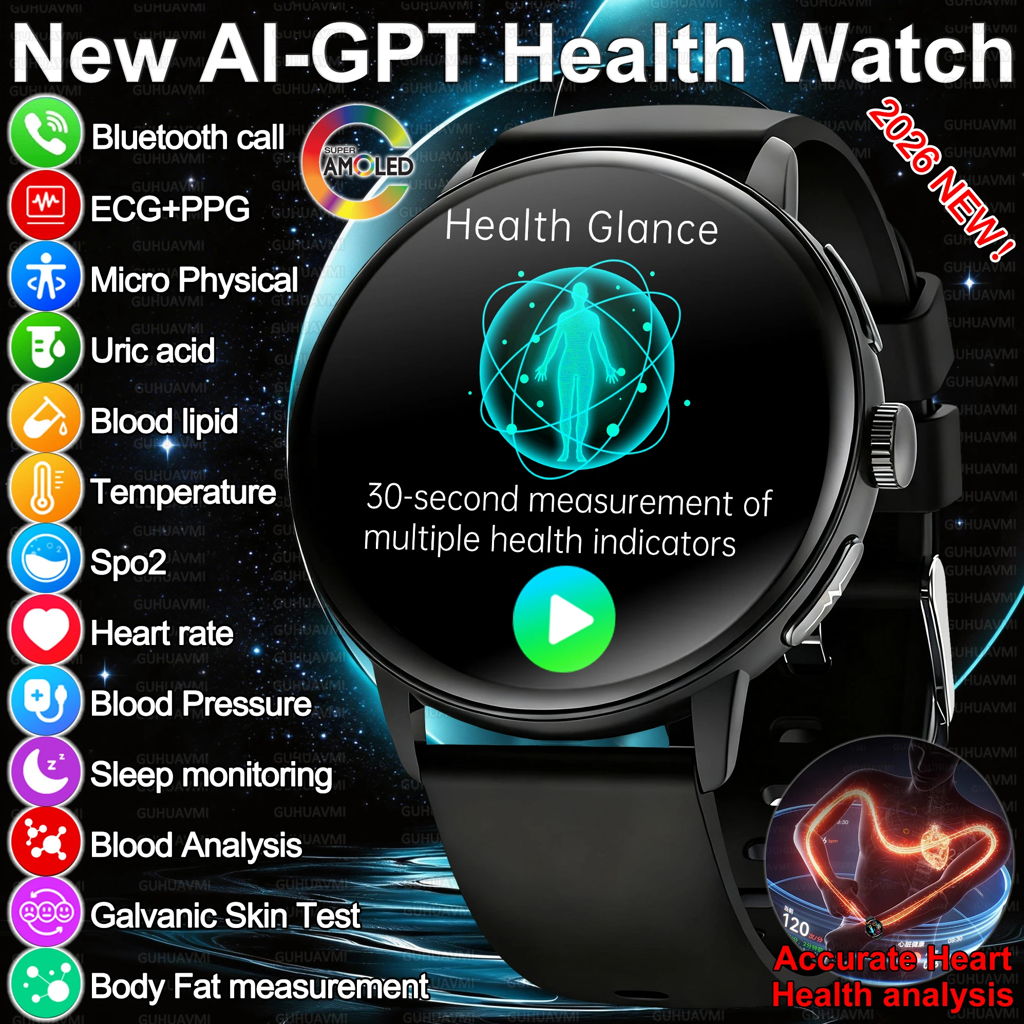 

2026 New AI Accurate Diagnosis Body Fat Uric Acid BP ECG SmartWatch HD AMOLED Screen call Sport Health Smart watch For Men women