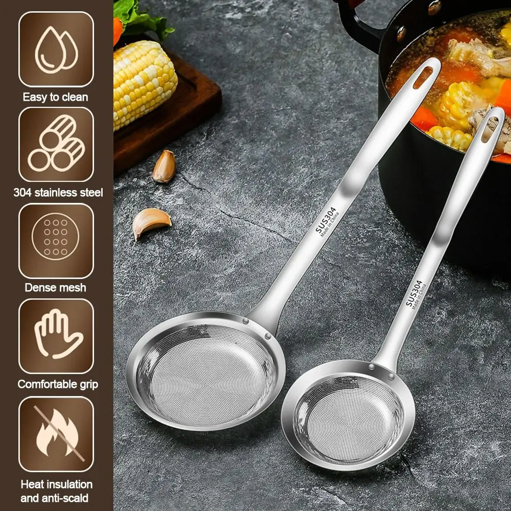 304 Stainless Steel Fat Skimmer Spoon Grease Foam Removing Percolator hot pot filter Fine Mesh Hanging Hole Design