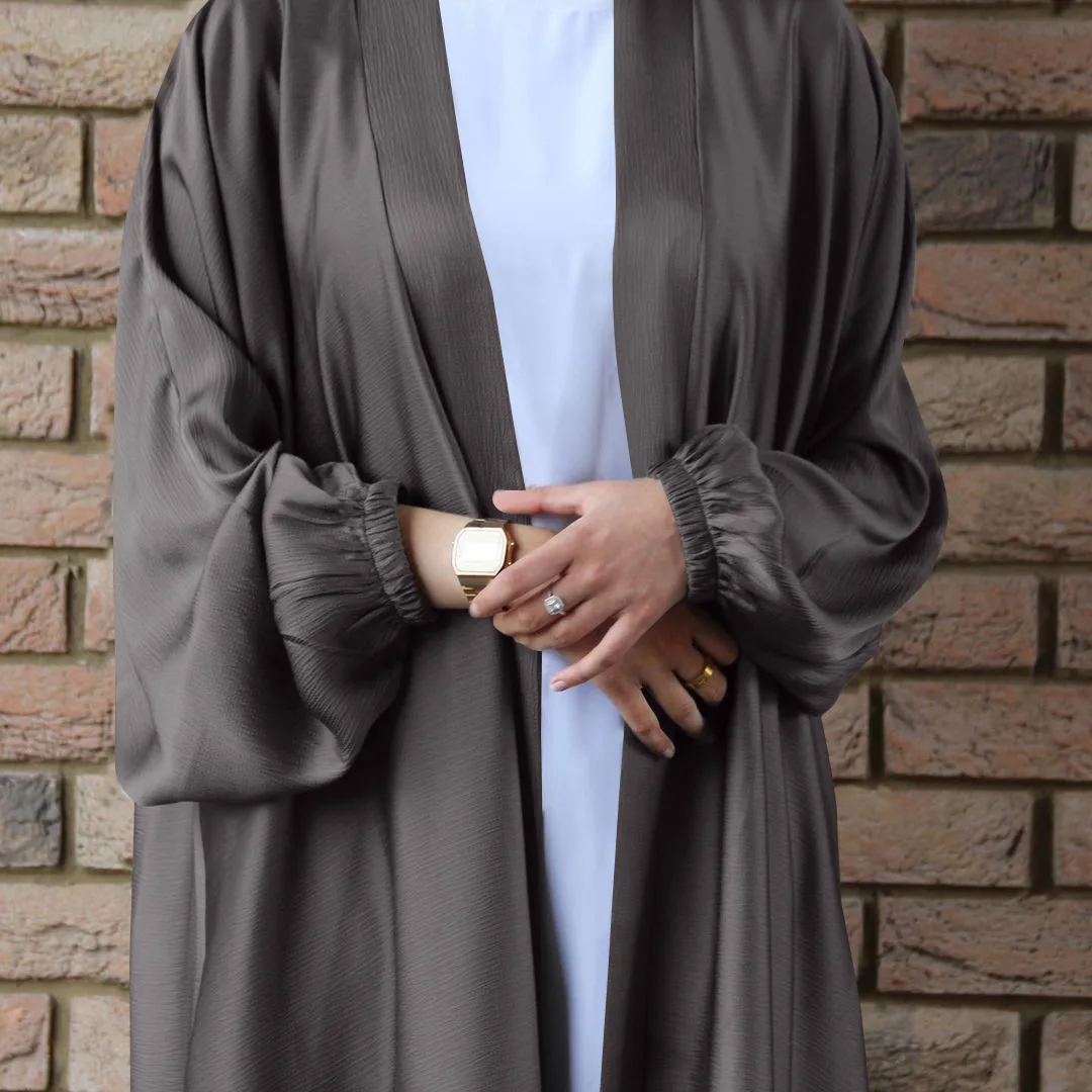 Hot Selling Satin Open Kimono Dubai Abaya Cardigan Muslim Women Elegant Dress Islamic Clothing