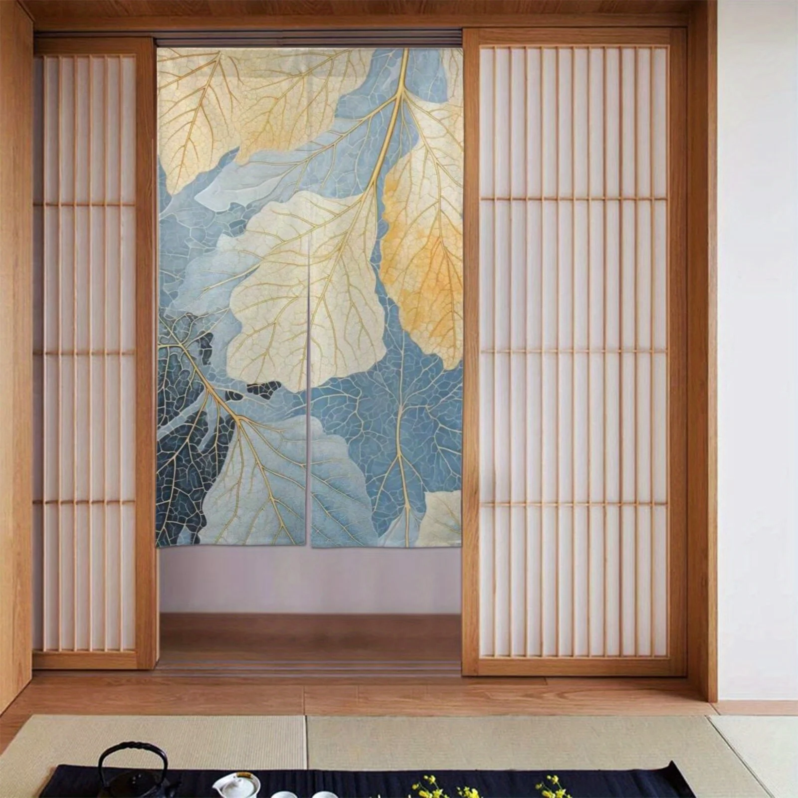 1pc Leaf print door curtain, polyester fabric, machine washable, suitable for restaurant and kitchen decoration
