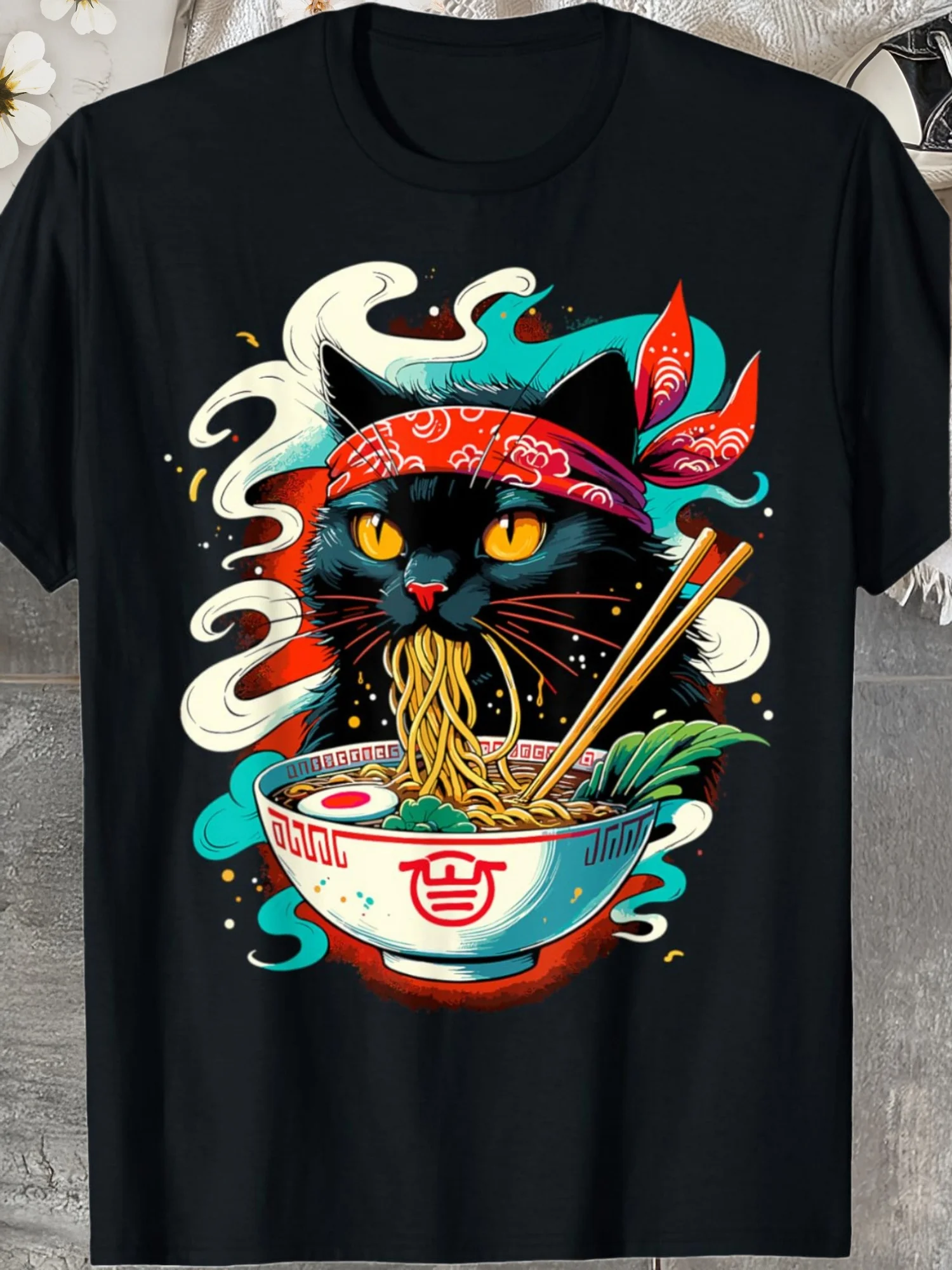 Cat Ramen Japanese Animation Cute Cat T-shirt, Men's Fashion Trend Crew Neck Casual Letter Printed T-shirt, Soft Touch T-shirt